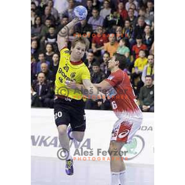 of Gorenje Velenje in action during EHF Cup handball match between Gorenje Velenje (SLO) and Hamburg in Red Hall, Velenje, Slovenija on March 14, 2015