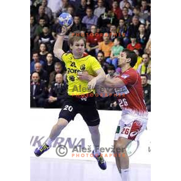 of Gorenje Velenje in action during EHF Cup handball match between Gorenje Velenje (SLO) and Hamburg in Red Hall, Velenje, Slovenija on March 14, 2015