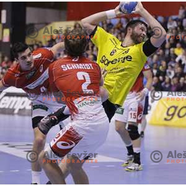 of Gorenje Velenje in action during EHF Cup handball match between Gorenje Velenje (SLO) and Hamburg in Red Hall, Velenje, Slovenija on March 14, 2015