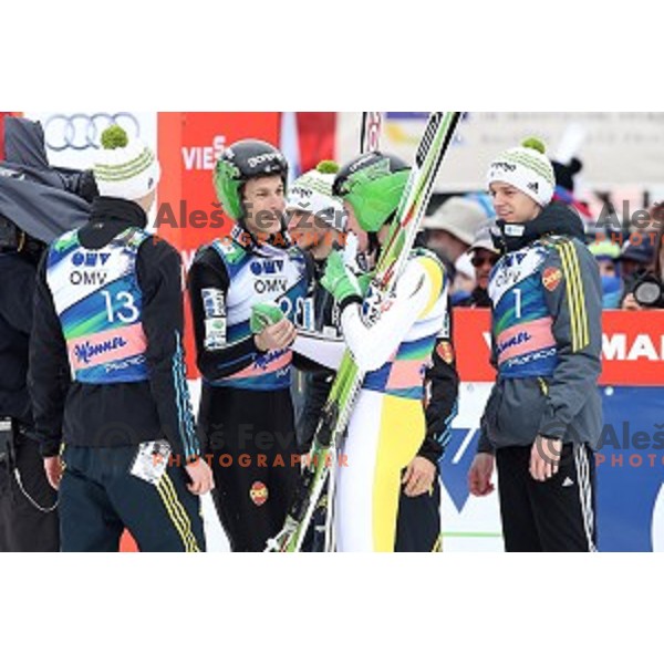 Peter Prevc (SLO)runner-up and winner Jurij Tepes (SLO) of Ski flying competition during the Final of FIS Ski jumping World Cup in Planica, Slovenia on March 22, 2015