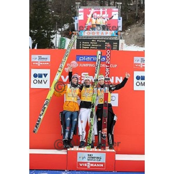 Severin Freund (GER)Peter Prevc (SLO)and Jurij Tepes (SLO) at Ski flying competition during the Final of FIS Ski jumping World Cup in Planica, Slovenia on March 22, 2015