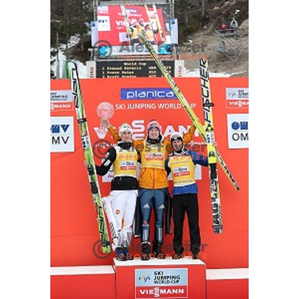 Peter Prevc (SLO), Severin Freund (GER), overall winner of FIS Ski jumping World Cup season 2014/2015 and Stefan Kraft (AUT) at the Final in Planica, Slovenia on March 22, 2015