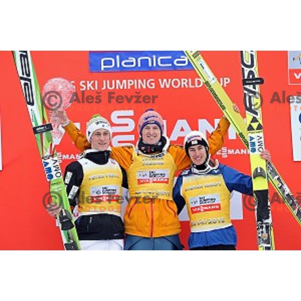 Peter Prevc (SLO), Severin Freund (GER), overall winner of FIS Ski jumping World Cup season 2014/2015 and Stefan Kraft (AUT) at the Final in Planica, Slovenia on March 22, 2015