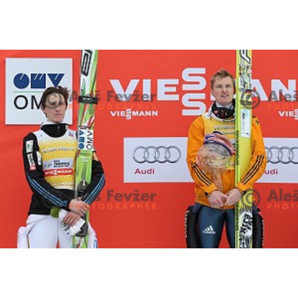 Peter Prevc (SLO), Severin Freund (GER), overall winner of FIS Ski jumping World Cup season 2014/2015 at the Final in Planica, Slovenia on March 22, 2015