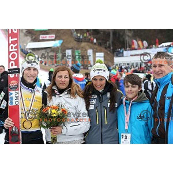 Jurij Tepes with his family , sister Anja, father Miran after Ski flying competition during the Final of FIS Ski jumping World Cup in Planica, Slovenia on March 22, 2015