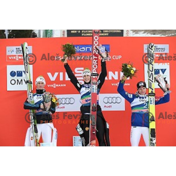 Peter Prevc (SLO)runner-up, winner Jurij Tepes (SLO)and Stefan Kraft (AUT third placed at Ski flying competition during the Final of FIS Ski jumping World Cup in Planica, Slovenia on March 22, 2015