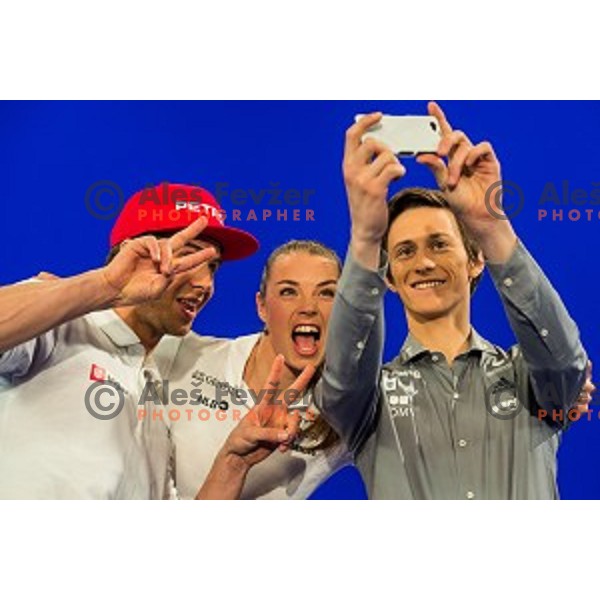 Zan Kosir, Tina Maze and Peter Prevc during Sportni izziv, RTV , Ljubljana, Slovenia, on March 24th, 2015