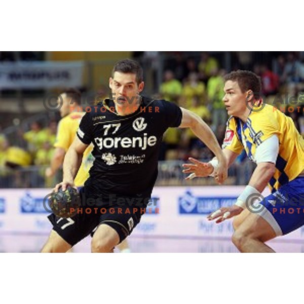 action during final match at Slovenian Handball Cup 2015 between Celje Pivovarna Lasko and Gorenje Velenje in Arena Bonifika, Koper, Slovenia on March 29, 2105