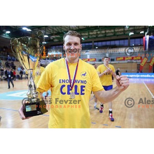 Players of Celje PL celebrate victory in Slovenian Handball Cup 2015 between Celje Pivovarna Lasko and Gorenje Velenje in Arena Bonifika, Koper, Slovenia on March 29, 2105