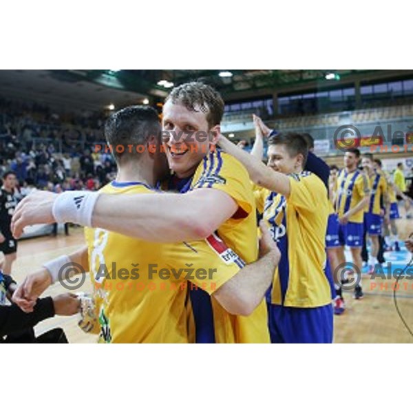 Players of Celje PL celebrate victory in Slovenian Handball Cup 2015 between Celje Pivovarna Lasko and Gorenje Velenje in Arena Bonifika, Koper, Slovenia on March 29, 2105