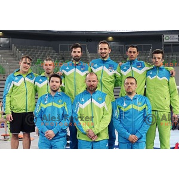 Slovenia team gymnasts and coaches at practice session before Artistic Gymnastics World Cup in Stozice Hall, Ljubljana, Slovenia on April 2, 2015