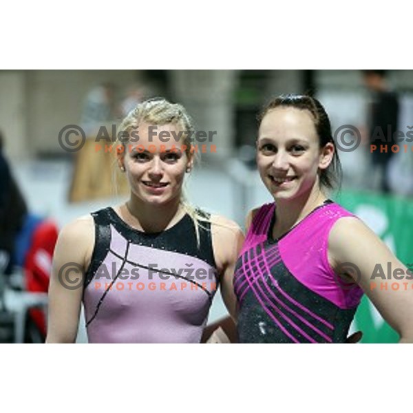 Teja Belak, Ivana Kamnikar at practice session before Artistic Gymnastics World Cup in Stozice Hall, Ljubljana, Slovenia on April 2, 2015
