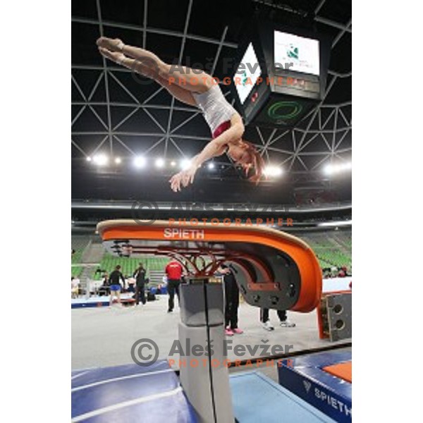 Tjasa Kysselef at practice session before Artistic Gymnastics World Cup in Stozice Hall, Ljubljana, Slovenia on April 2, 2015