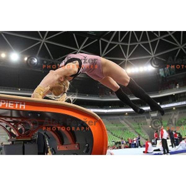 Teja Belak at practice session before Artistic Gymnastics World Cup in Stozice Hall, Ljubljana, Slovenia on April 2, 2015