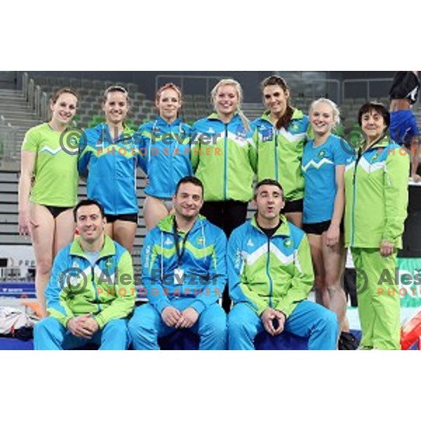 Slovenia team gymnasts and coaches at practice session before Artistic Gymnastics World Cup in Stozice Hall, Ljubljana, Slovenia on April 2, 2015