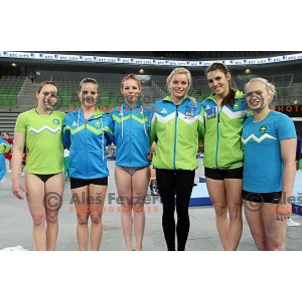 Slovenia team gymnasts and coaches at practice session before Artistic Gymnastics World Cup in Stozice Hall, Ljubljana, Slovenia on April 2, 2015
