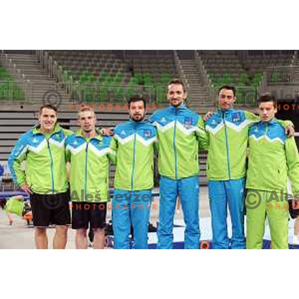 Slovenia team gymnasts and coaches at practice session before Artistic Gymnastics World Cup in Stozice Hall, Ljubljana, Slovenia on April 2, 2015