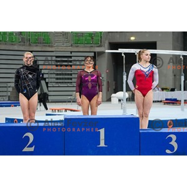 Teja Belak of Slovenia, Oksana Cusovitina of Uzbekistan and Noel Van Klaveren of Netherlands during Arstistic Gymnastics World Challange Cup Ljubljana 2015, in Stozice Hall, Ljubljana, Slovenia, on April 4th, 2015