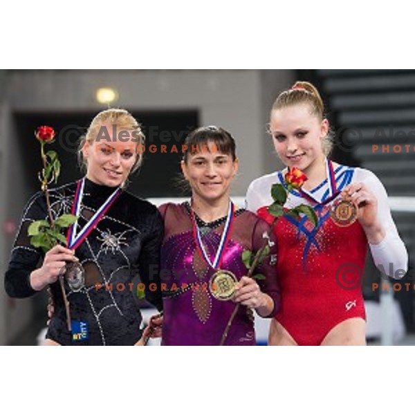 Teja Belak of Slovenia, Oksana Cusovitina of Uzbekistan and Noel Van Klaveren of Netherlands during Arstistic Gymnastics World Challange Cup Ljubljana 2015, in Stozice Hall, Ljubljana, Slovenia, on April 4th, 2015