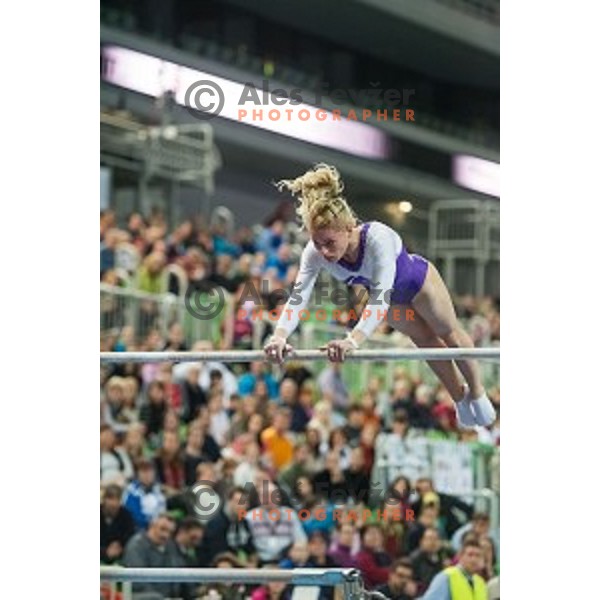 Teja Belak (SLO) in action during Arstistic Gymnastics World Challange Cup Ljubljana 2015, in Stozice Hall,Ljubljana, Slovenia, on April 4th, 2015