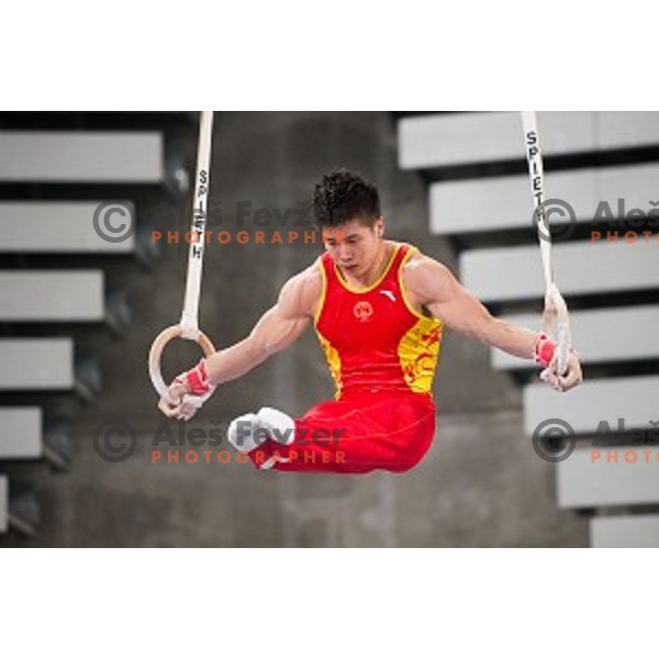 Guanhua Wu of China in action during Arstistic Gymnastics World Challange Cup Ljubljana 2015, in Stozice Hall, Ljubljana, Slovenia, on April 4th, 2015