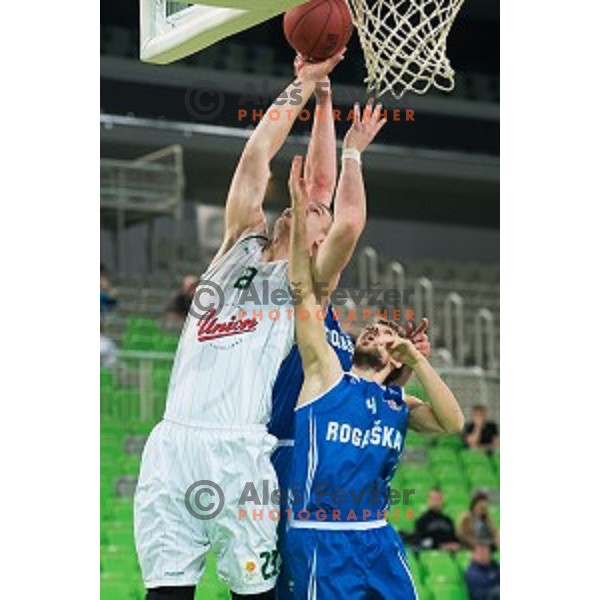 Alen Omic v in action during basketball match of Telemach league in Season 2014/15 between Union Olimpija Ljubljana and Rogaska, played in Arena Stozice, Ljubljana, Slovenia, on April 8th, 2015