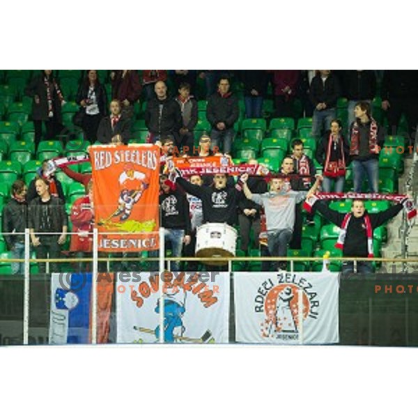 Fans of SIJ Acroni Jesenice during ice hockey match of Slovenian National League Final in Season 2014/15 between HDD Telemach Olimpija and HDD SIJ Acroni Jesenice, played in Tivoli Hall, Ljubljana, Slovenia, on April 9th, 2015