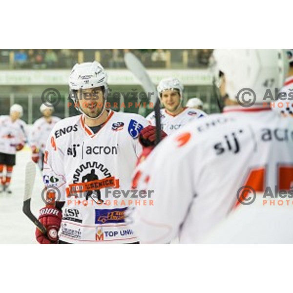 Team SIJ Acroni Jesenice during ice hockey match of Slovenian National League Final in Season 2014/15 between HDD Telemach Olimpija and HDD SIJ Acroni Jesenice, played in Tivoli Hall, Ljubljana, Slovenia, on April 9th, 2015