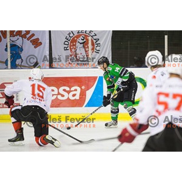 Matej hocevar of telemach olimpija in action during ice hockey match of Slovenian National League Final in Season 2014/15 between HDD Telemach Olimpija and HDD SIJ Acroni Jesenice, played in Tivoli Hall, Ljubljana, Slovenia, on April 9th, 2015