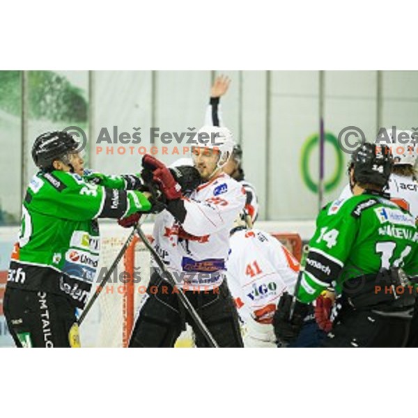 Action during ice hockey match of Slovenian National League Final in Season 2014/15 between HDD Telemach Olimpija and HDD SIJ Acroni Jesenice, played in Tivoli Hall, Ljubljana, Slovenia, on April 9th, 2015