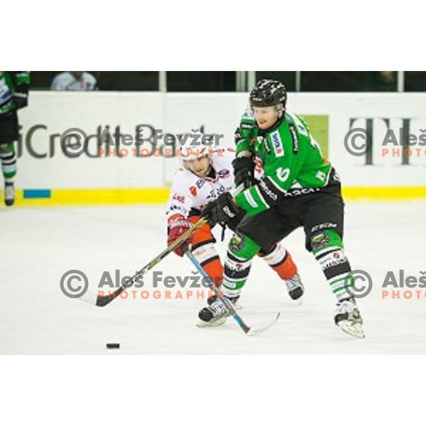 Tom Zanoski of Telemach Olimpija in action during ice hockey match of Slovenian National League Final in Season 2014/15 between HDD Telemach Olimpija and HDD SIJ Acroni Jesenice, played in Tivoli Hall, Ljubljana, Slovenia, on April 9th, 2015