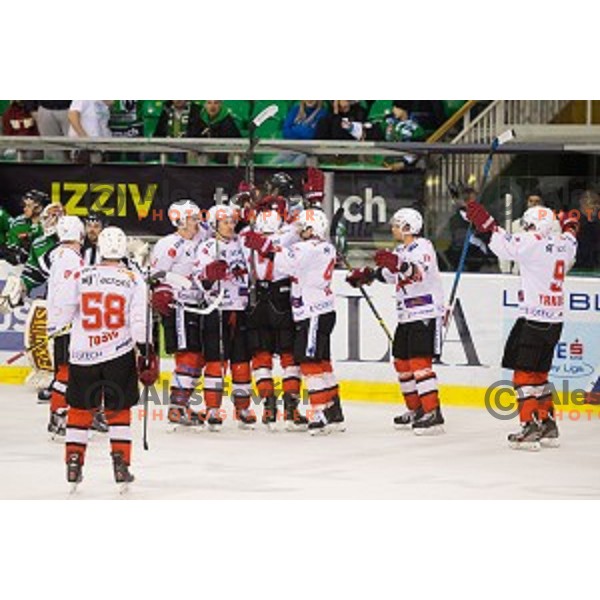 Team SIJ Acroni Jesenice during ice hockey match of Slovenian National League Final in Season 2014/15 between HDD Telemach Olimpija and HDD SIJ Acroni Jesenice, played in Tivoli Hall, Ljubljana, Slovenia, on April 9th, 2015