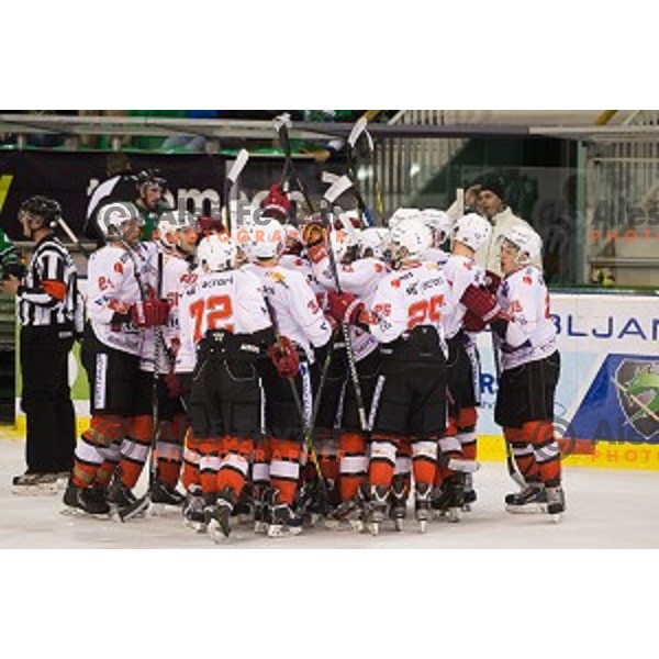 Team SIJ Acroni Jesenice during ice hockey match of Slovenian National League Final in Season 2014/15 between HDD Telemach Olimpija and HDD SIJ Acroni Jesenice, played in Tivoli Hall, Ljubljana, Slovenia, on April 9th, 2015