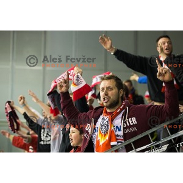 Fans of SIJ Acroni Jesenice during ice hockey match of Slovenian National League Final in Season 2014/15 between HDD Telemach Olimpija and HDD SIJ Acroni Jesenice, played in Tivoli Hall, Ljubljana, Slovenia, on April 9th, 2015