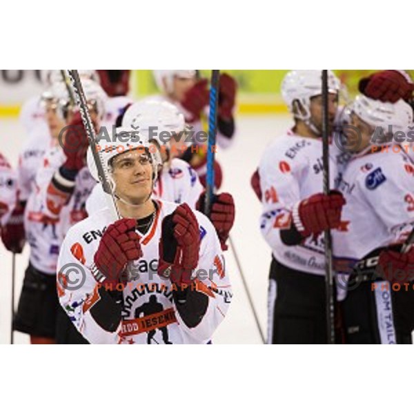 Team SIJ Acroni Jesenice during ice hockey match of Slovenian National League Final in Season 2014/15 between HDD Telemach Olimpija and HDD SIJ Acroni Jesenice, played in Tivoli Hall, Ljubljana, Slovenia, on April 9th, 2015