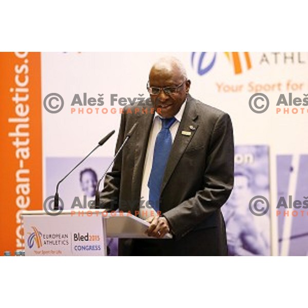 Lamine Diack, president of International Athletics Federation during European Athletics Congress Bled 2015 held in Brdo Congress Centre, Slovenia on April 11, 2015