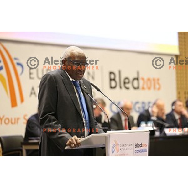 Lamine Diack, president of International Athletics Federation during European Athletics Congress Bled 2015 held in Brdo Congress Centre, Slovenia on April 11, 2015