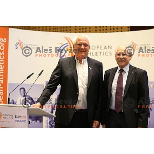 Sven Arne Hansen, newly elected president of European Athletics Federation and ex- president Hansjorg Wirz during European Athletics Congress Bled 2015 held in Brdo Congress Centre, Slovenia on April 11, 2015