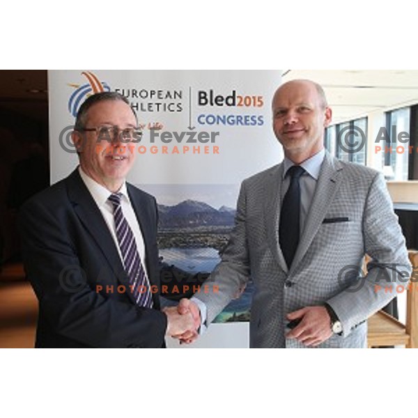 Jean Gracia and Gregor Bencina, president of Slovenian Athletics Federation during European Athletics Congress Bled 2015 held in Brdo Congress Centre, Slovenia on April 11, 2015