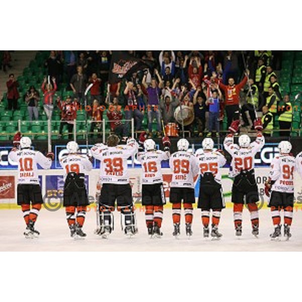 of Telemach Olimpija in action during third match of the Final of Slovenian Ice Hockey Championships between Telemach Olimpija-SIJ Acroni Jesenice in Tivoli Hall, Ljubljana, Slovenia on April 13, 2015