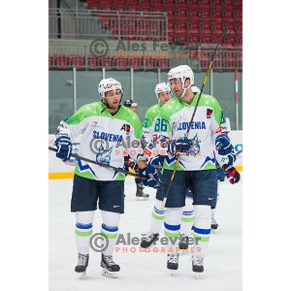 Ales Kranjc and Sabahudin Kovacevic of Slovenia in action during friendly ice hockey match between Slovenia and Japan, played in Podmezakla Hall, Jesenice, Slovenia, on April 15th, 2015.