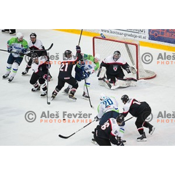 in action during ice hockey friendly match between Slovenia and Japan, played in Podmezakla Hall, Jesenice, Slovenia, on April 15, 2015