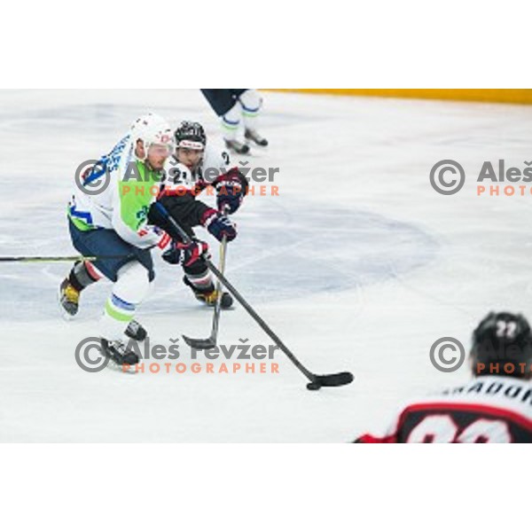 Jan Mursak of Slovenia in action during friendly ice hockey match between Slovenia and Japan, played in Podmezakla Hall, Jesenice, Slovenia, on April 15th, 2015.