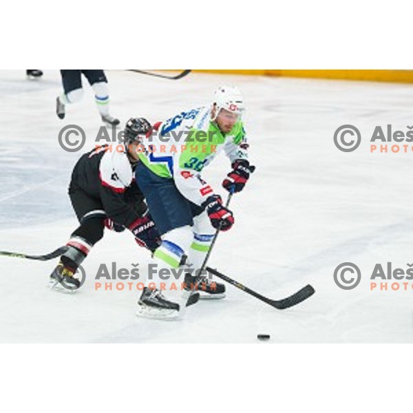 Jan Mursak of Slovenia in action during friendly ice hockey match between Slovenia and Japan, played in Podmezakla Hall, Jesenice, Slovenia, on April 15th, 2015.