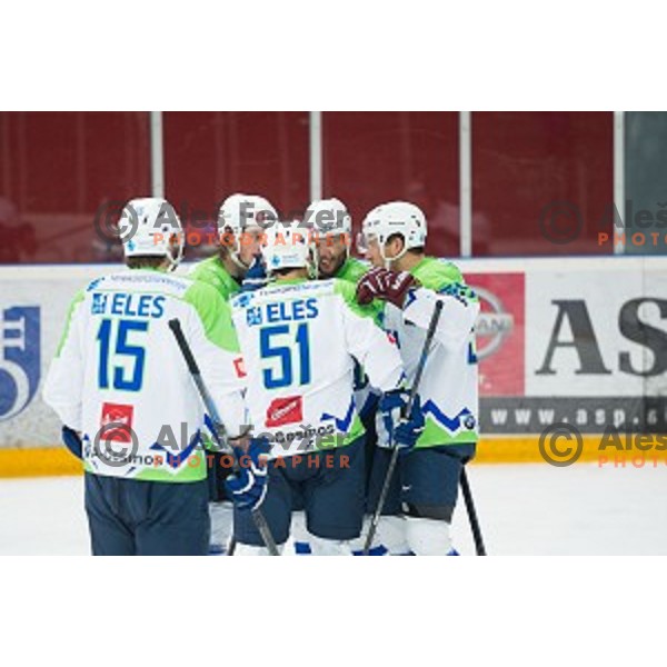 Team Slovenia in action during friendly ice hockey match between Slovenia and Japan, played in Podmezakla Hall, Jesenice, Slovenia, on April 15th, 2015.
