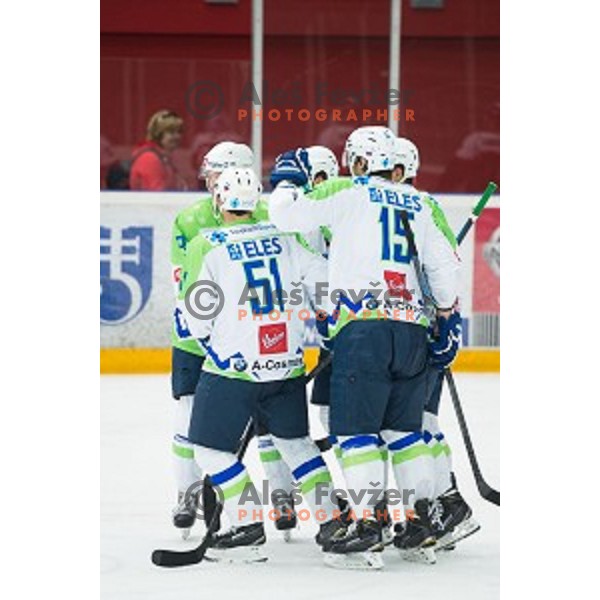 Team Slovenia in action during friendly ice hockey match between Slovenia and Japan, played in Podmezakla Hall, Jesenice, Slovenia, on April 15th, 2015.