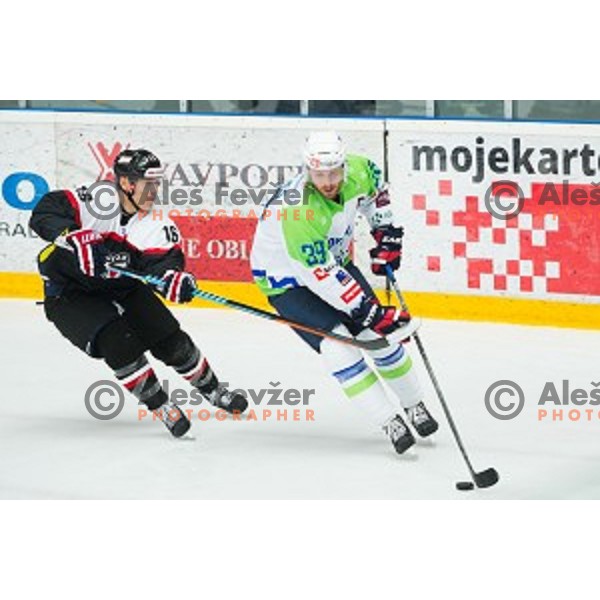 Jan Mursak of Slovenia in action during friendly ice hockey match between Slovenia and Japan, played in Podmezakla Hall, Jesenice, Slovenia, on April 15th, 2015.