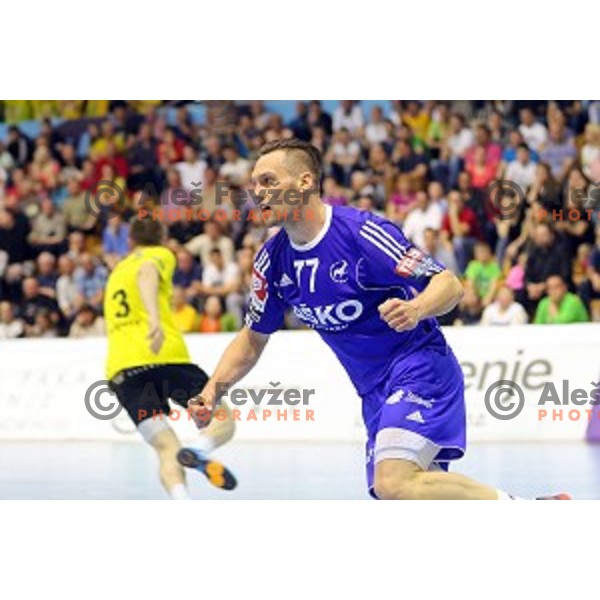 of Celje PL in action during handball match between Gorenje Velenje and Celje Pivovarna Lasko in 1.NLB leasing league, played in Red Hall,Velenje, Slovenia on April 15, 2015