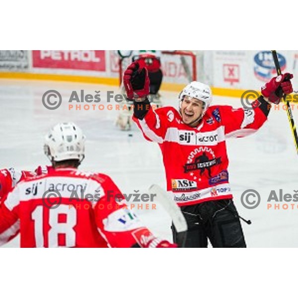 HDD SIJ Acroni Jesenice in action during ice hockey final match of Slovenian National League in Season 2014/15 between HDD SIJ Acroni Jesenice and HDD Telemach Olimpija, played in Podmezakla Hall, Jesenice, Slovenia, on April 15th, 2015.