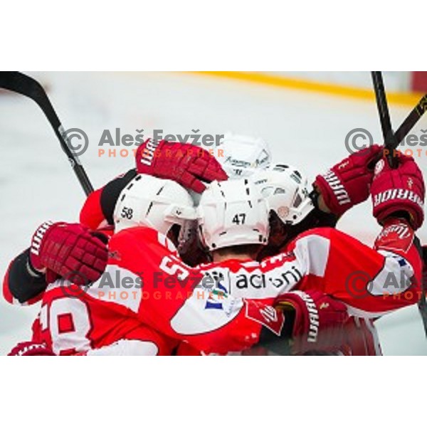 Team of HDD SIJ Acroni Jesenice in action during ice hockey final match of Slovenian National League in Season 2014/15 between HDD SIJ Acroni Jesenice and HDD Telemach Olimpija, played in Podmezakla Hall, Jesenice, Slovenia, on April 15th, 2015.